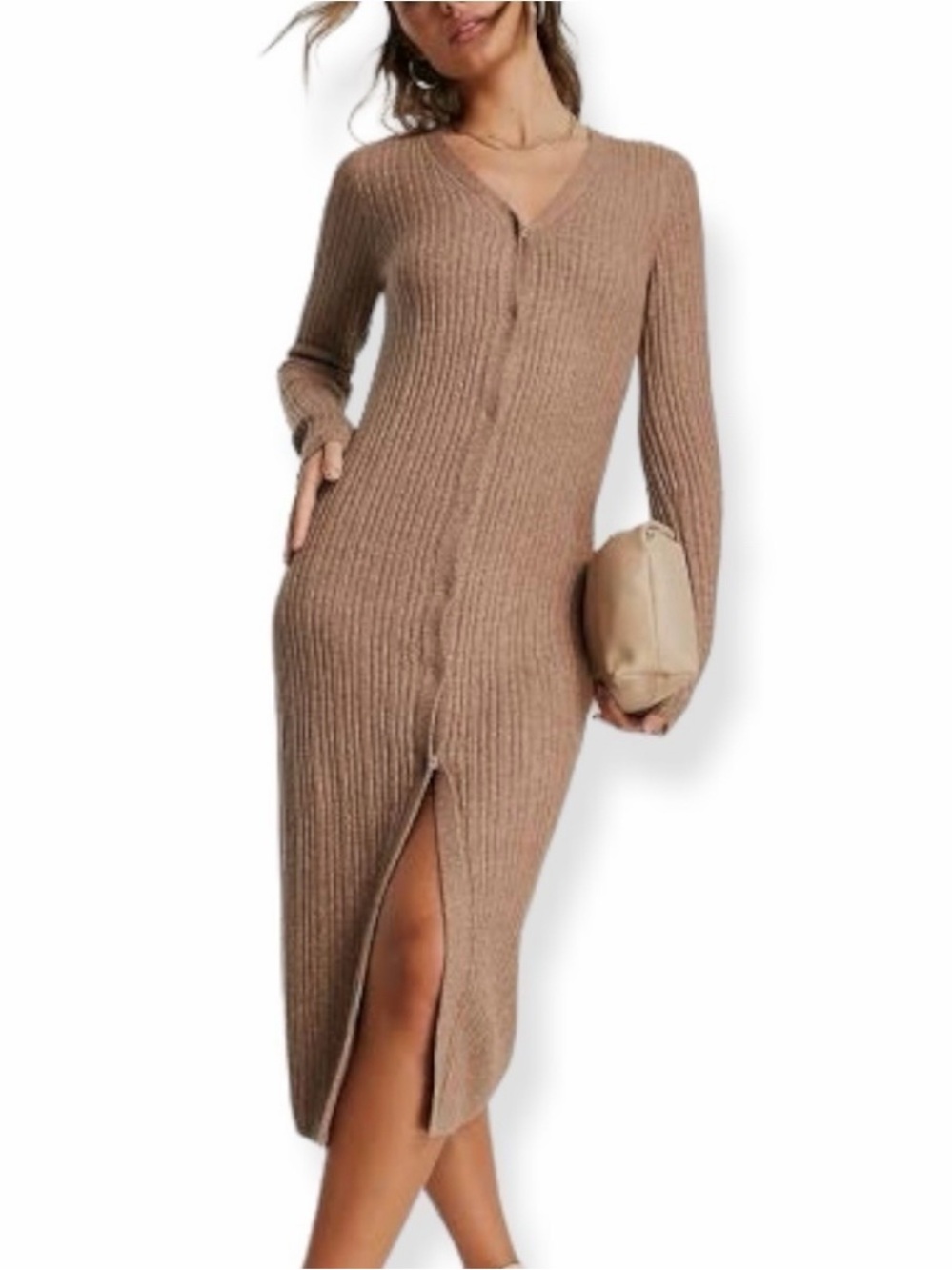 ANTHROPOLOGIE Caution to The Wind Brown Neutral Button Up Long Sleeve Dress